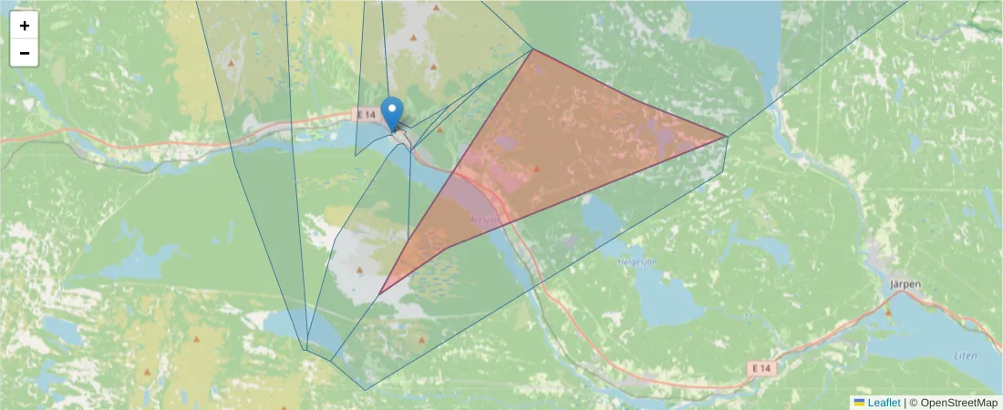 Karta över postnummerområdet  och angränsande postnummer i Sverige