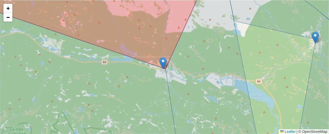 Karta över postnummerområdet  och angränsande postnummer i Sverige