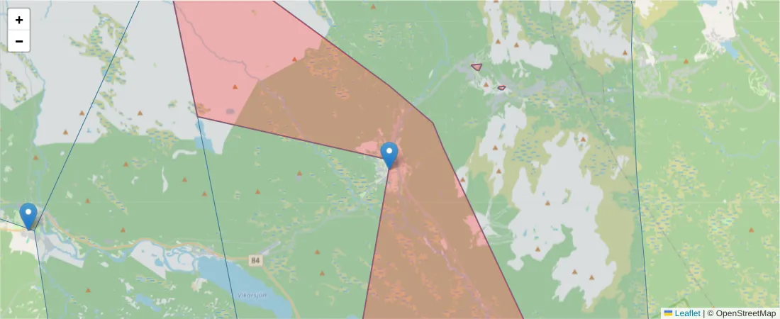 Karta över postnummerområdet  och angränsande postnummer i Sverige