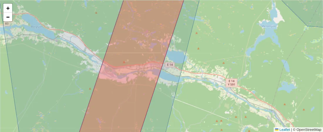 Karta över postnummerområdet  och angränsande postnummer i Sverige