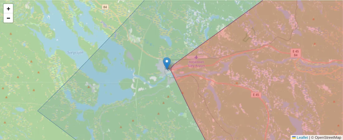 Karta över postnummerområdet  och angränsande postnummer i Sverige