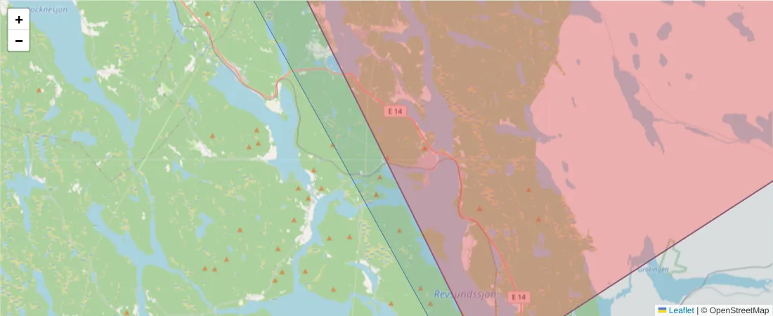 Karta över postnummerområdet  och angränsande postnummer i Sverige