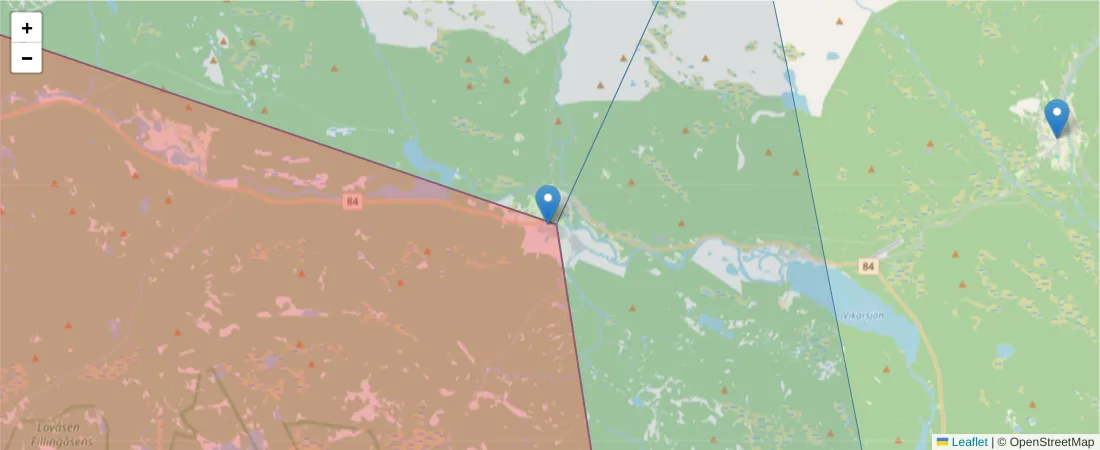 Karta över postnummerområdet  och angränsande postnummer i Sverige