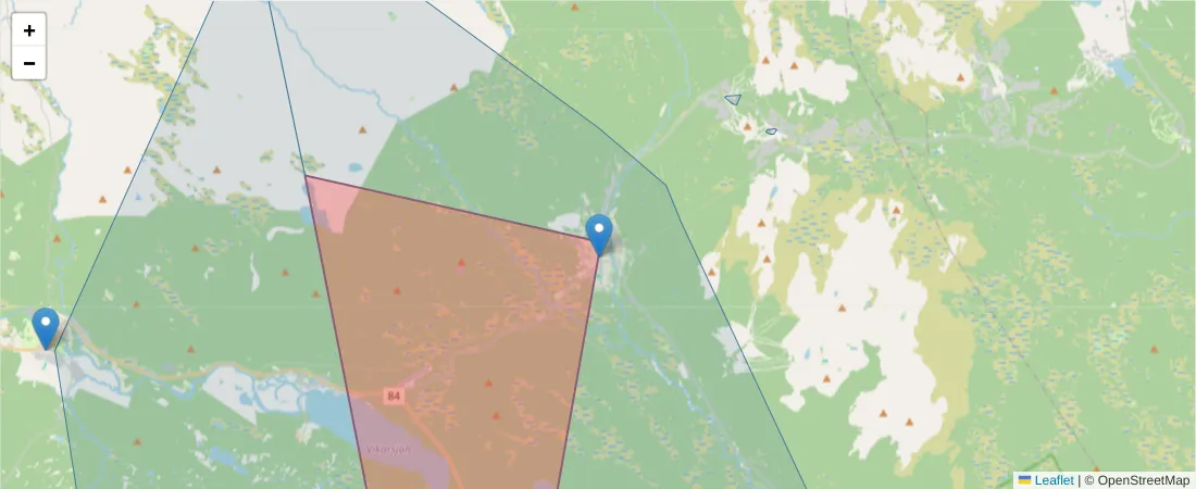 Karta över postnummerområdet  och angränsande postnummer i Sverige