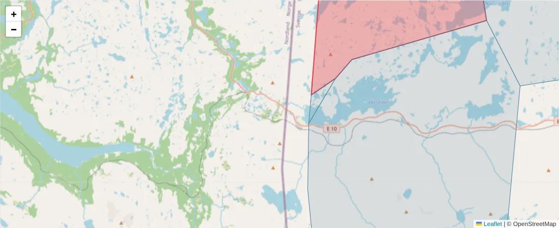 Karta över postnummerområdet  och angränsande postnummer i Sverige
