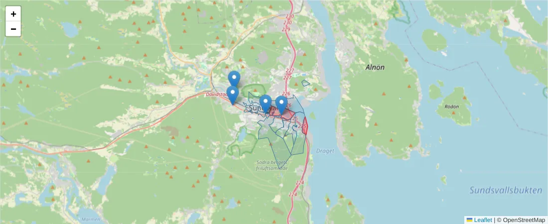Karta över postnummerområdet  och angränsande postnummer i Sverige