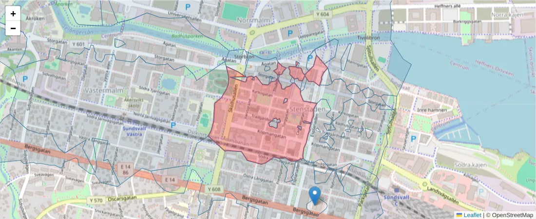 Karta över postnummerområdet  och angränsande postnummer i Sverige