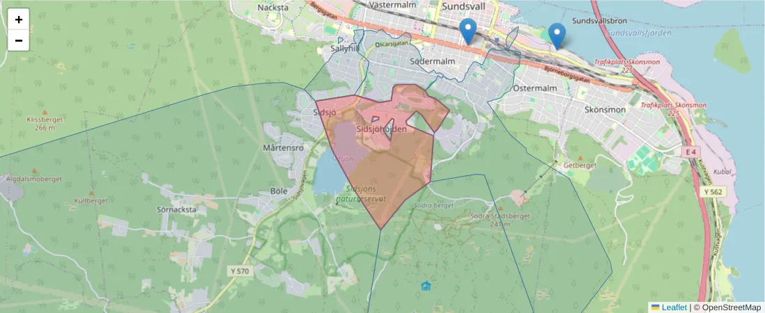 Karta över postnummerområdet  och angränsande postnummer i Sverige