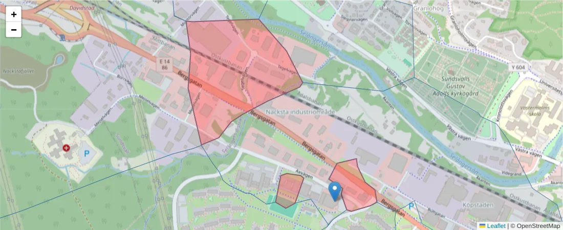 Karta över postnummerområdet  och angränsande postnummer i Sverige