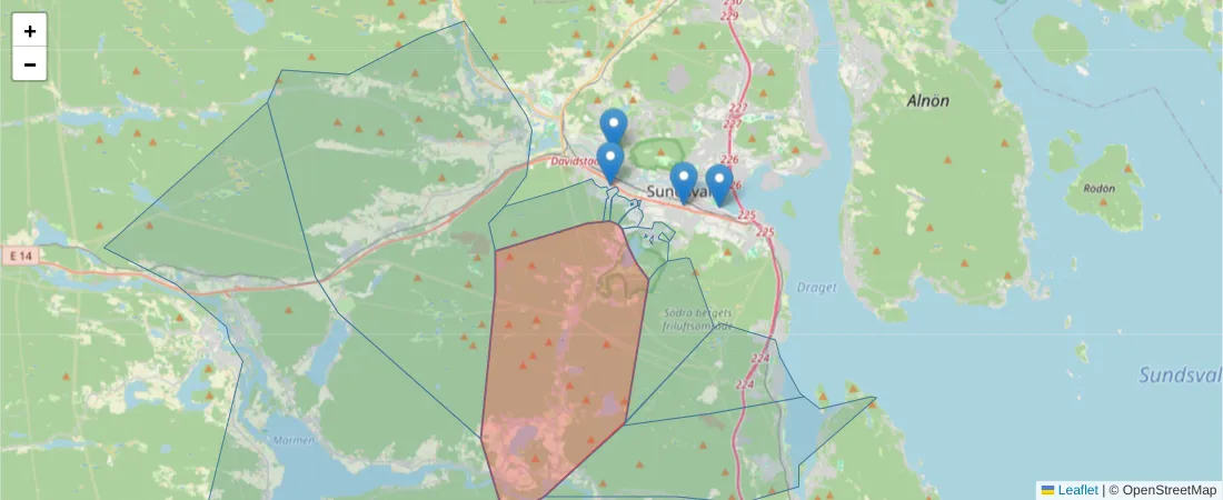 Karta över postnummerområdet  och angränsande postnummer i Sverige