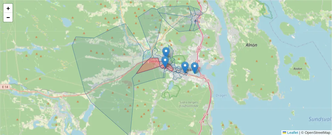 Karta över postnummerområdet  och angränsande postnummer i Sverige