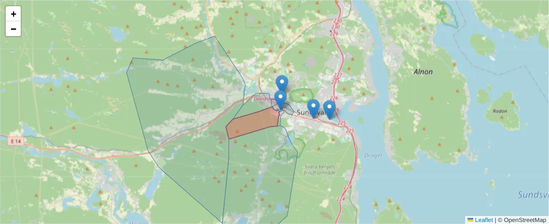 Karta över postnummerområdet  och angränsande postnummer i Sverige