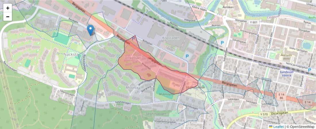 Karta över postnummerområdet  och angränsande postnummer i Sverige