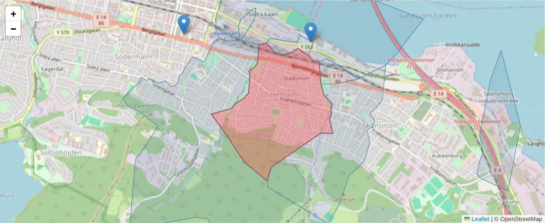 Karta över postnummerområdet  och angränsande postnummer i Sverige