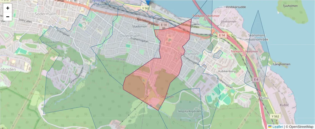 Karta över postnummerområdet  och angränsande postnummer i Sverige