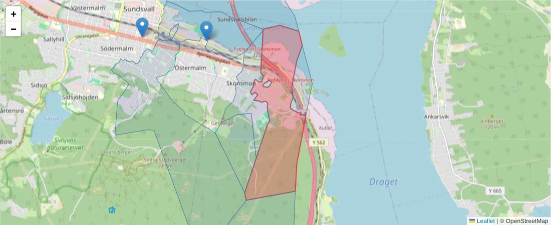 Karta över postnummerområdet  och angränsande postnummer i Sverige
