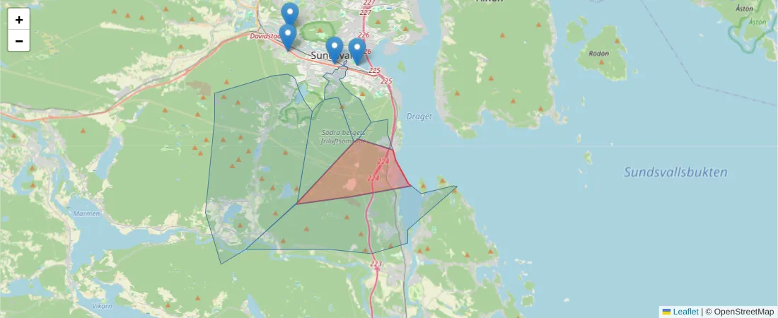 Karta över postnummerområdet  och angränsande postnummer i Sverige