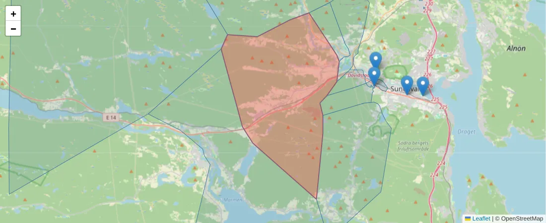 Karta över postnummerområdet  och angränsande postnummer i Sverige