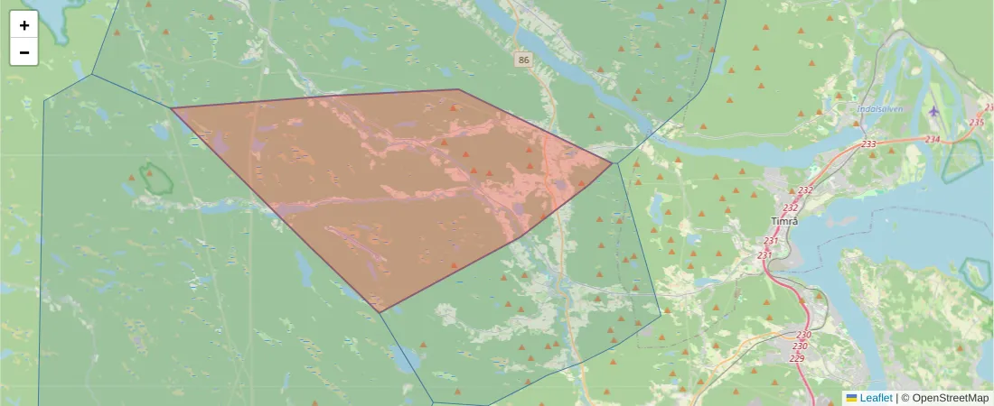 Karta över postnummerområdet  och angränsande postnummer i Sverige