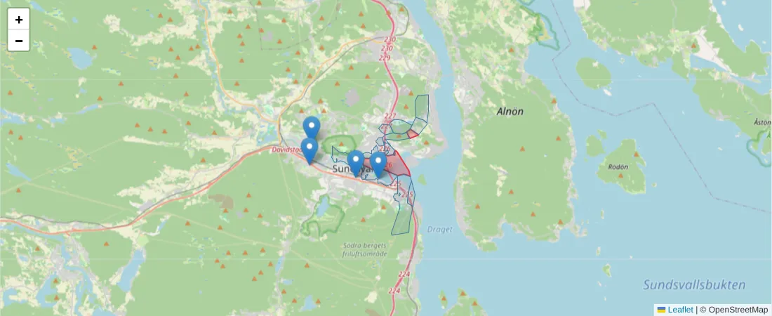 Karta över postnummerområdet  och angränsande postnummer i Sverige