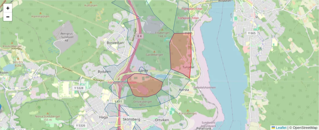 Karta över postnummerområdet  och angränsande postnummer i Sverige