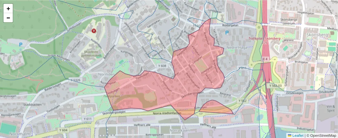 Karta över postnummerområdet  och angränsande postnummer i Sverige