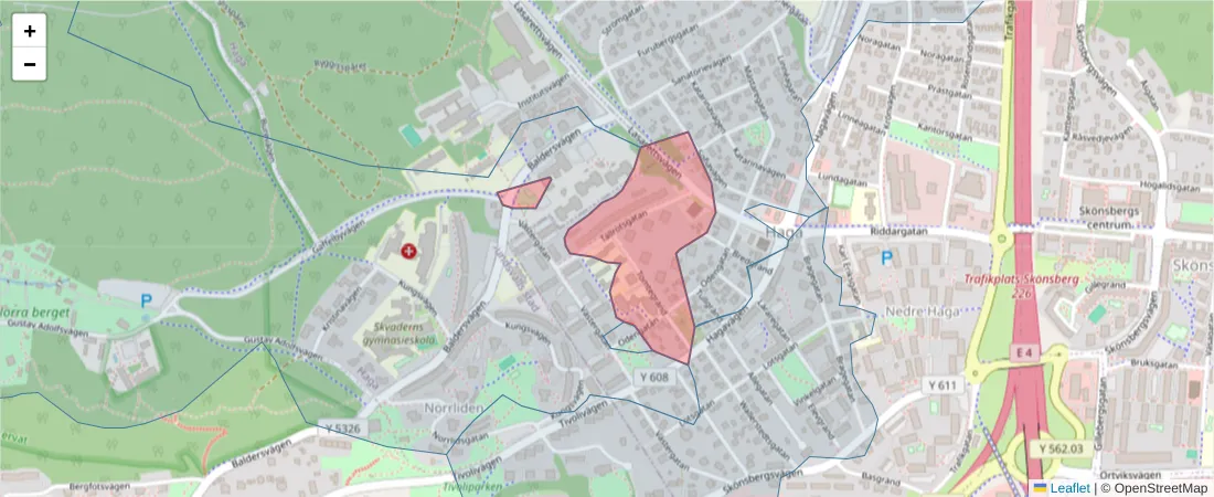 Karta över postnummerområdet  och angränsande postnummer i Sverige