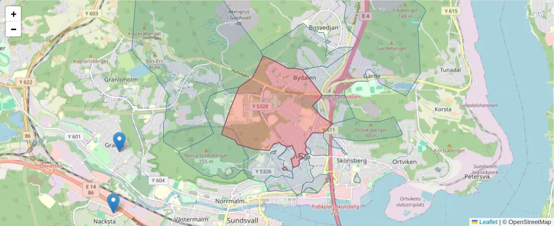 Karta över postnummerområdet  och angränsande postnummer i Sverige