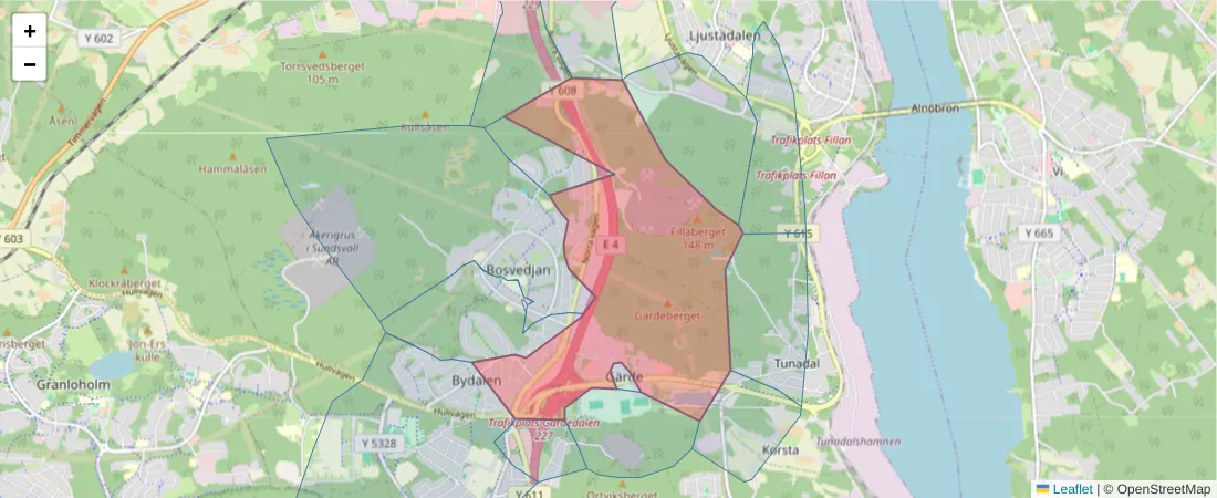 Karta över postnummerområdet  och angränsande postnummer i Sverige
