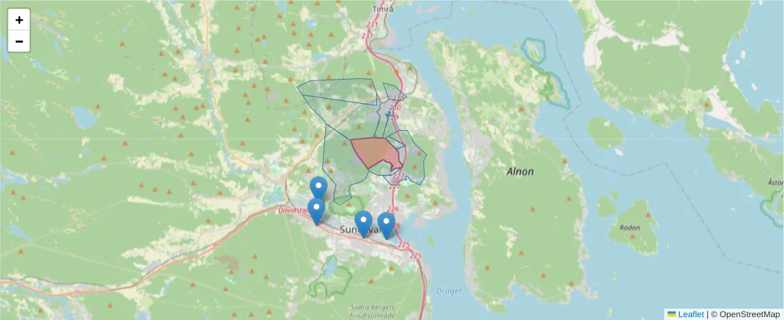 Karta över postnummerområdet  och angränsande postnummer i Sverige