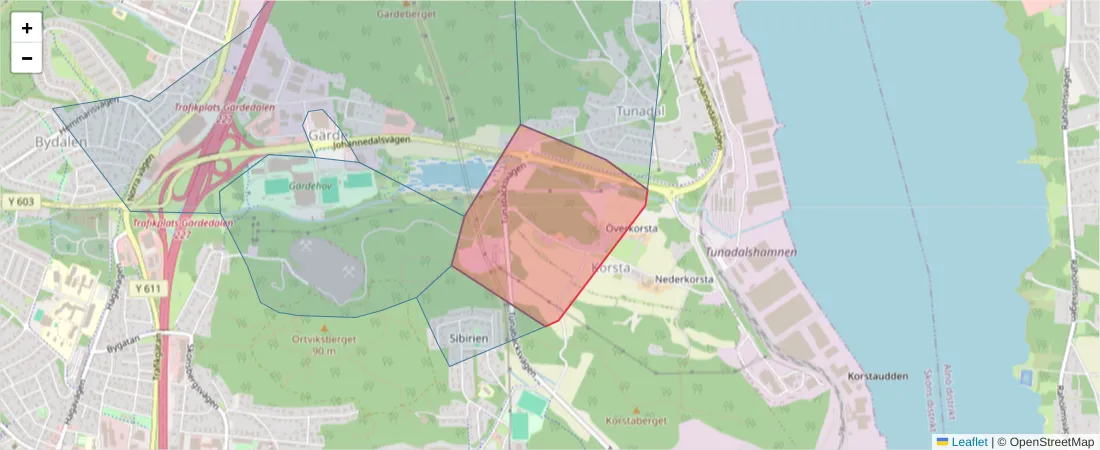 Karta över postnummerområdet  och angränsande postnummer i Sverige