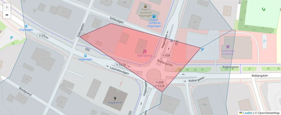 Karta över postnummerområdet  och angränsande postnummer i Sverige