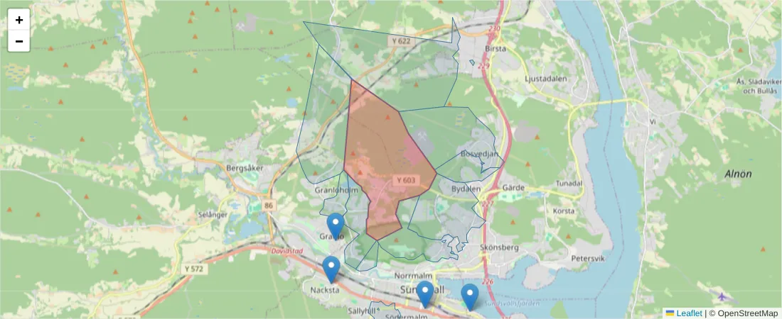 Karta över postnummerområdet  och angränsande postnummer i Sverige