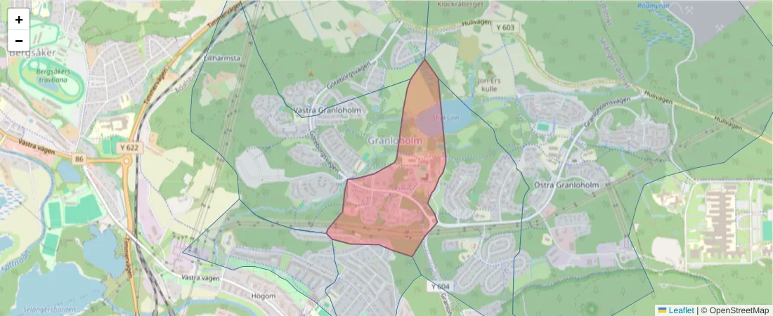 Karta över postnummerområdet  och angränsande postnummer i Sverige