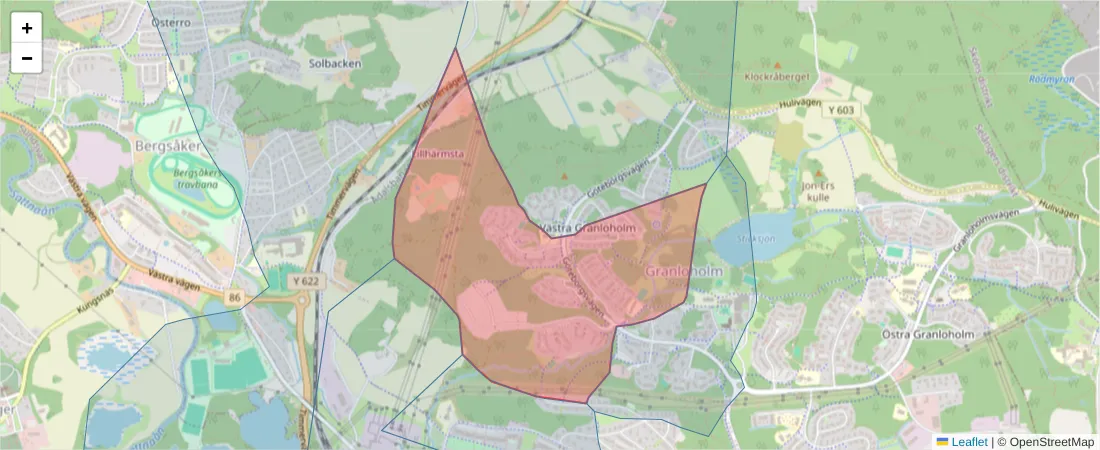 Karta över postnummerområdet  och angränsande postnummer i Sverige