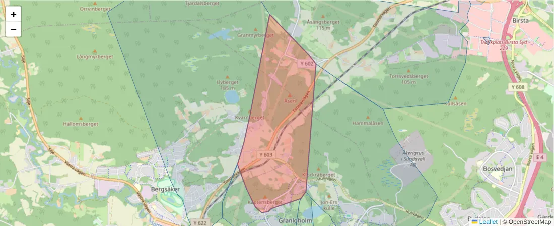 Karta över postnummerområdet  och angränsande postnummer i Sverige