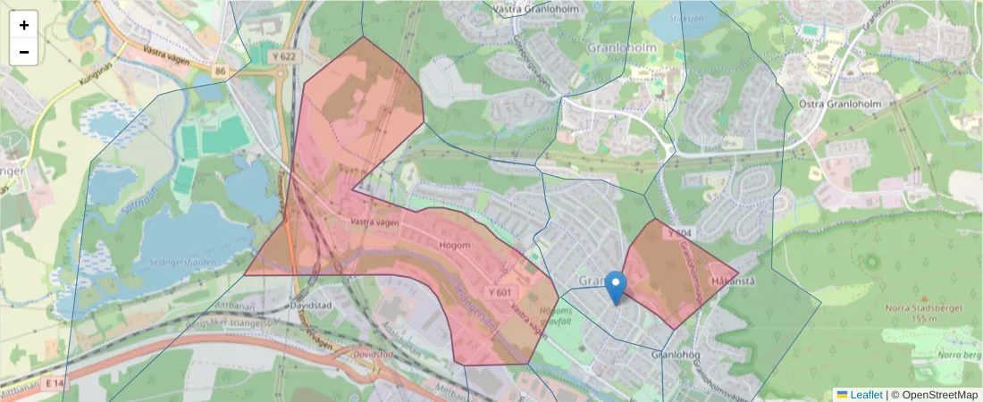 Karta över postnummerområdet  och angränsande postnummer i Sverige