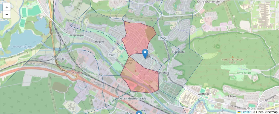 Karta över postnummerområdet  och angränsande postnummer i Sverige