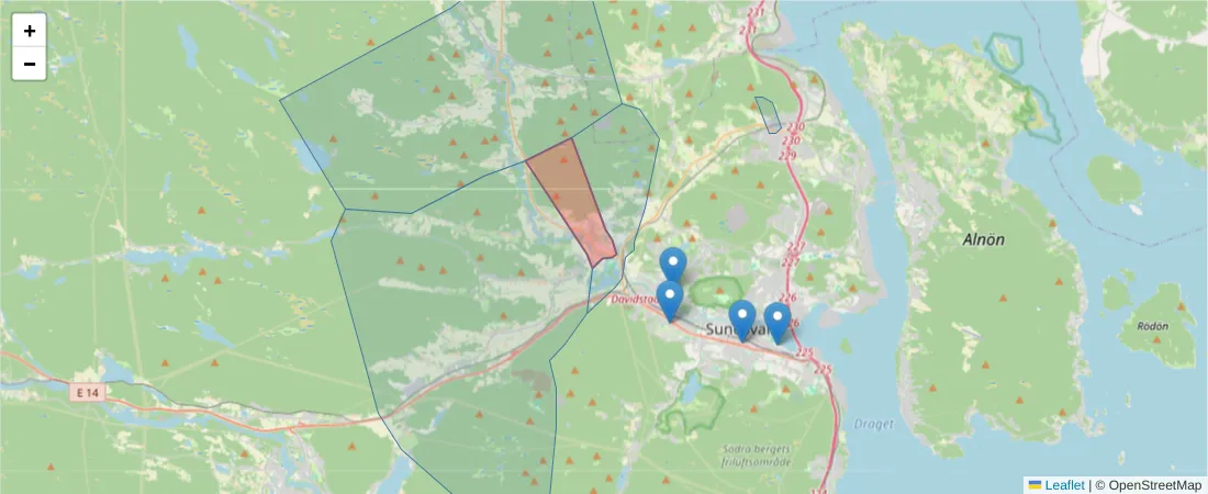 Karta över postnummerområdet  och angränsande postnummer i Sverige