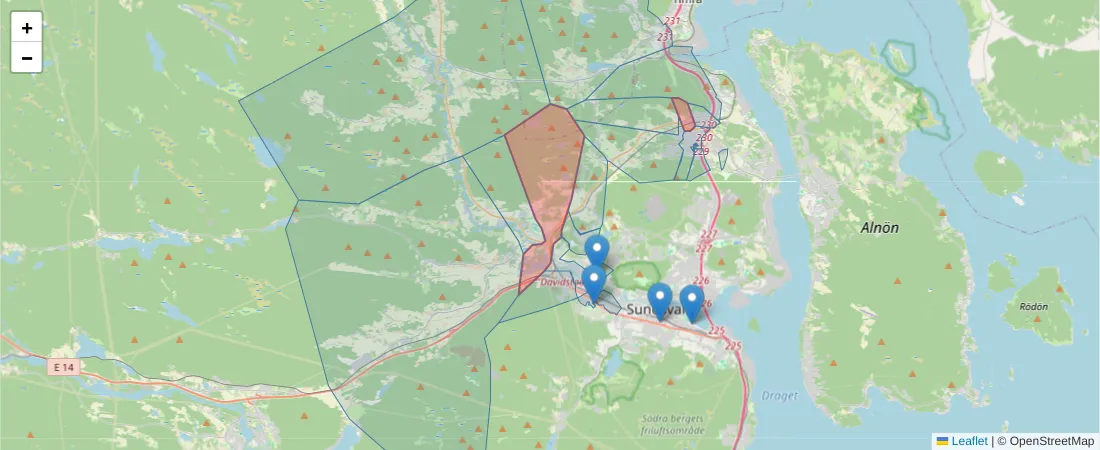 Karta över postnummerområdet  och angränsande postnummer i Sverige