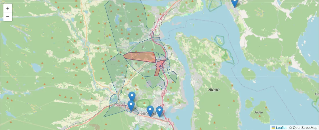 Karta över postnummerområdet  och angränsande postnummer i Sverige