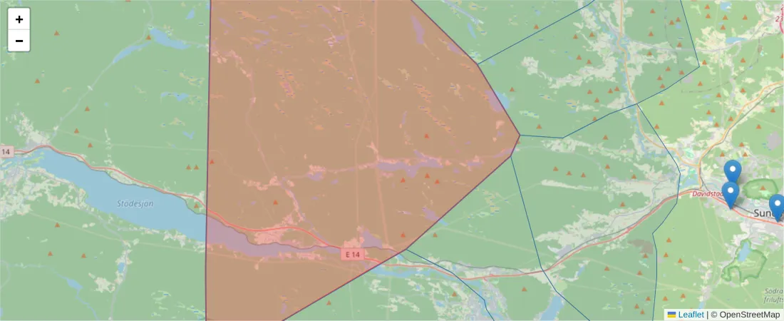 Karta över postnummerområdet  och angränsande postnummer i Sverige