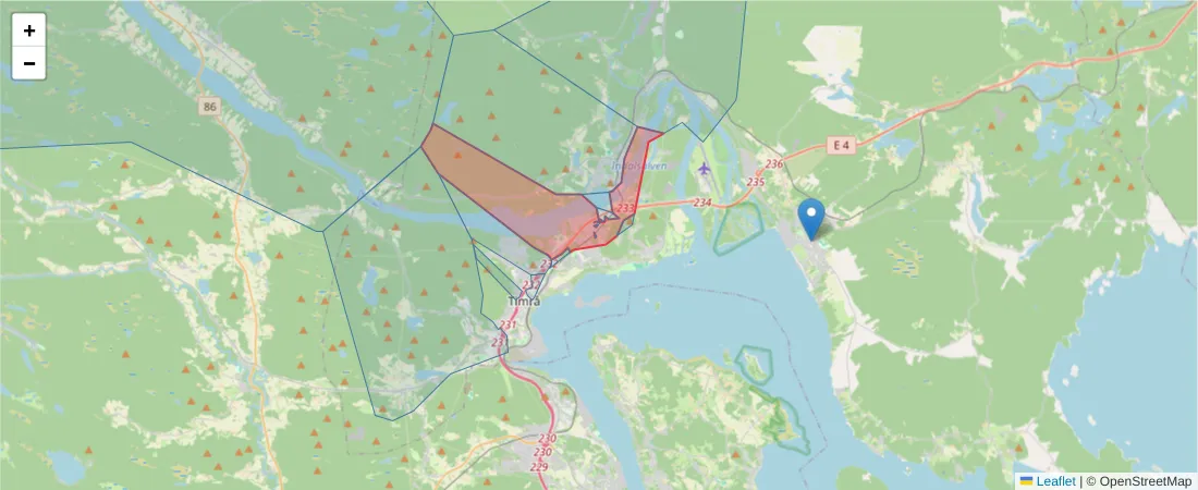 Karta över postnummerområdet  och angränsande postnummer i Sverige