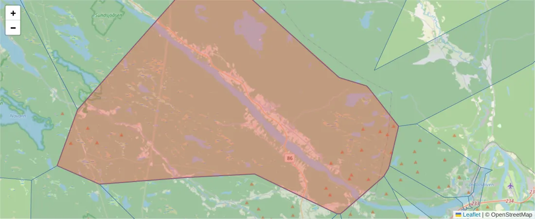 Karta över postnummerområdet  och angränsande postnummer i Sverige
