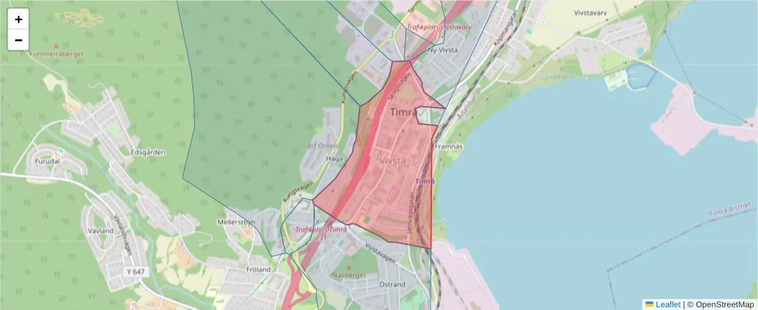 Karta över postnummerområdet  och angränsande postnummer i Sverige