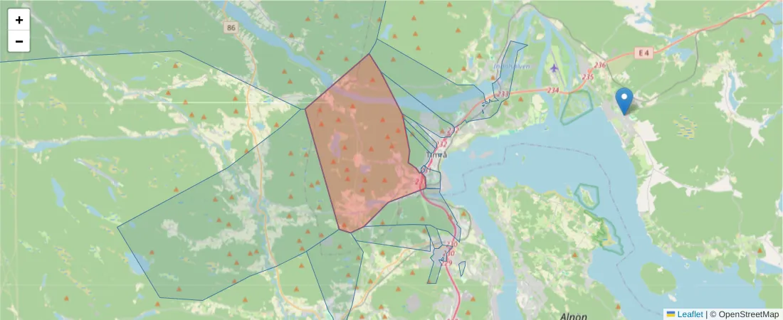 Karta över postnummerområdet  och angränsande postnummer i Sverige