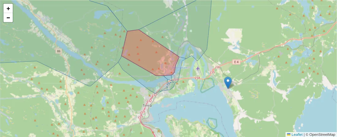 Karta över postnummerområdet  och angränsande postnummer i Sverige