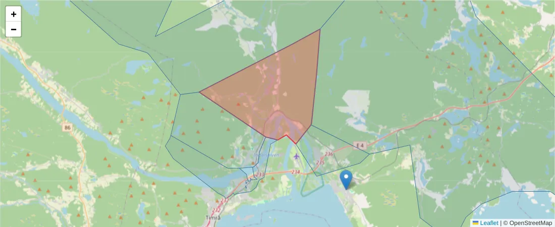 Karta över postnummerområdet  och angränsande postnummer i Sverige