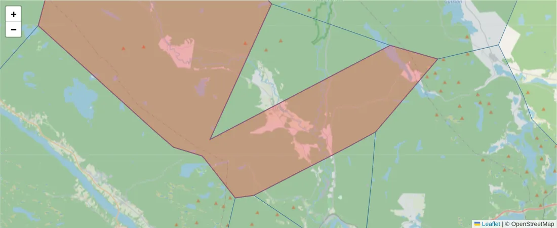Karta över postnummerområdet  och angränsande postnummer i Sverige