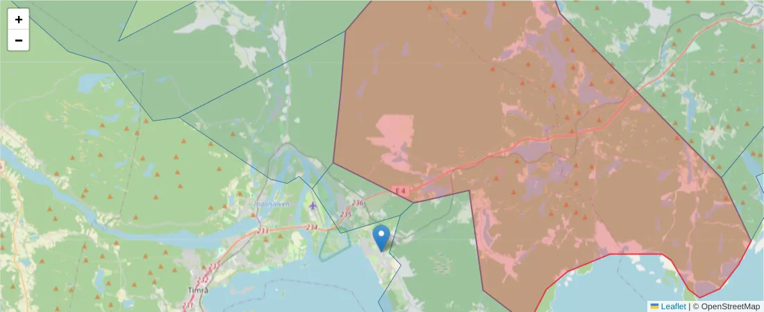 Karta över postnummerområdet  och angränsande postnummer i Sverige
